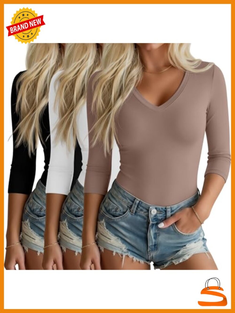 3 Pack Women's 3/4 Sleeve V Neck Slim Fit Tops